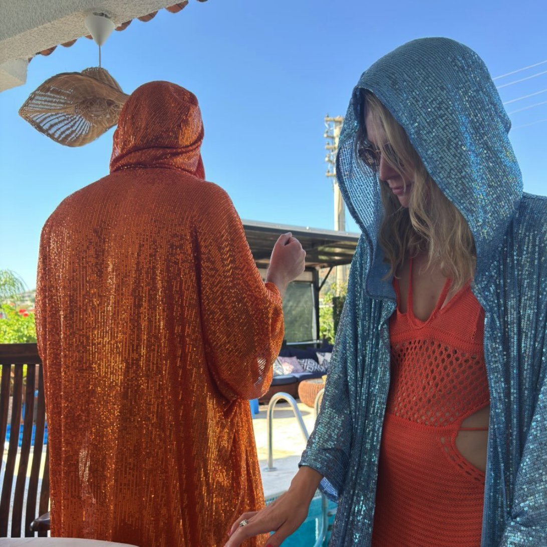 Becky and Timy in the blue and orange robes, Bodrum